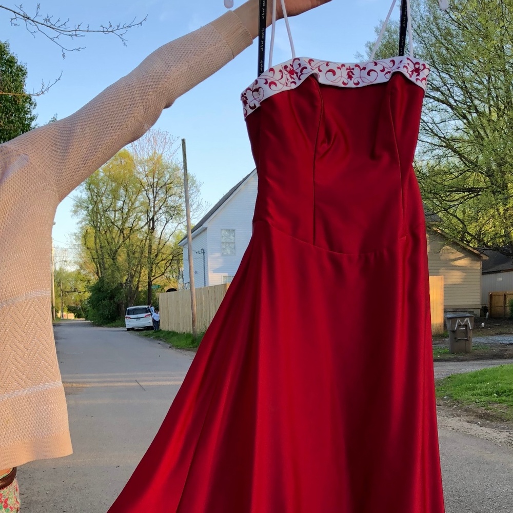 Red, crimson, full length gown, bridesmaid dress